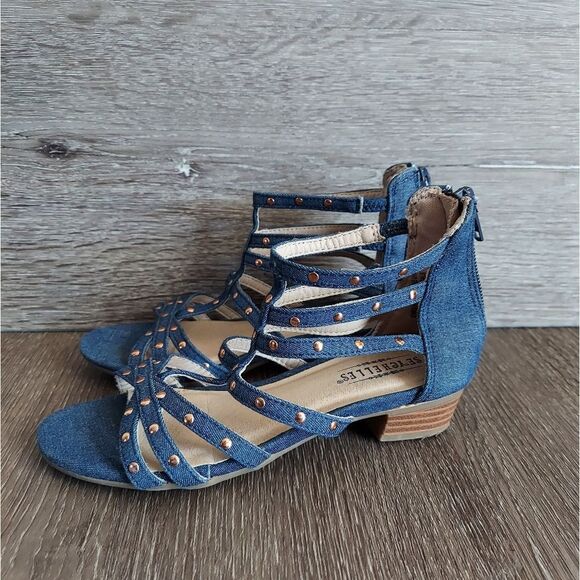 Seychelles Girls Strappy Stud Heel Sandals Back Zip Jean Blue Vegan Size 12 - Picture 2 of 7